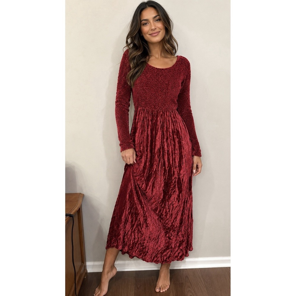 Vintage 80s Henri Bendel Crushed Velvet Red Maxi Dress Size 3 Whimsigoth Vampy
